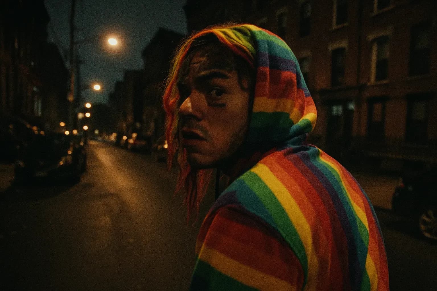 A figure resembling Daniel '6ix9ine' Hernandez stands on a dimly lit Brooklyn street, glancing over his shoulder with a tense expression, his face partially obscured by a rainbow-colored hoodie.