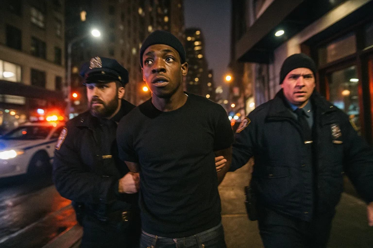 A figure resembling Bobby Shmurda in handcuffs is led away by police outside Quad Recording Studios in Manhattan on a cold December night, surrounded by flashing lights and bustling city streets.