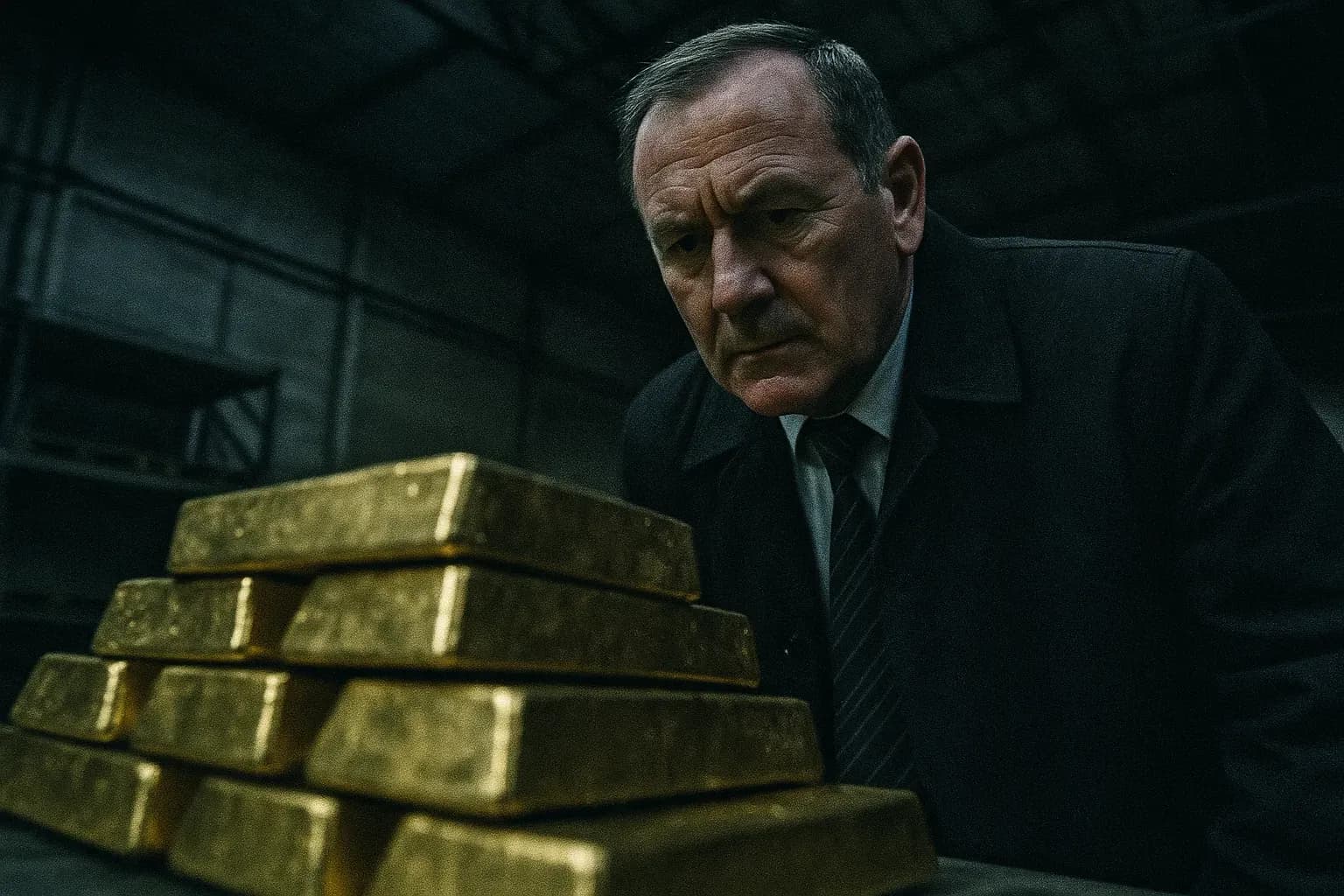 A figure resembling Kenneth Noye studies a pile of gold bars in a dimly lit warehouse.