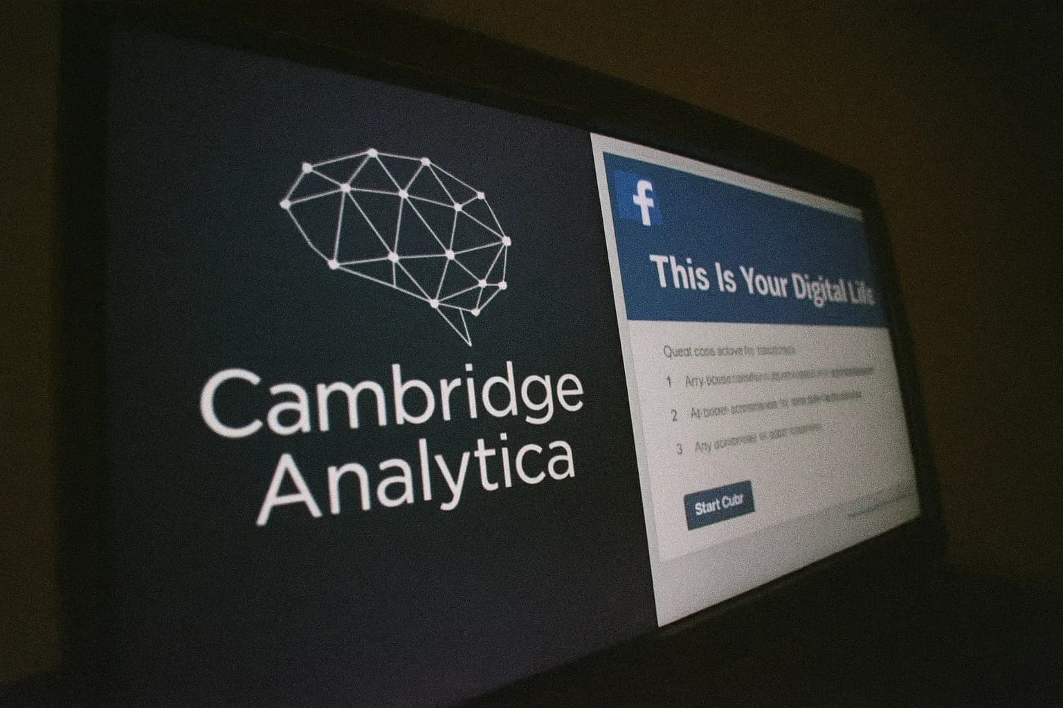 A computer screen displays the Cambridge Analytica logo alongside a Facebook quiz interface labeled "This Is Your Digital Life," symbolizing the data scandal that impacted millions.