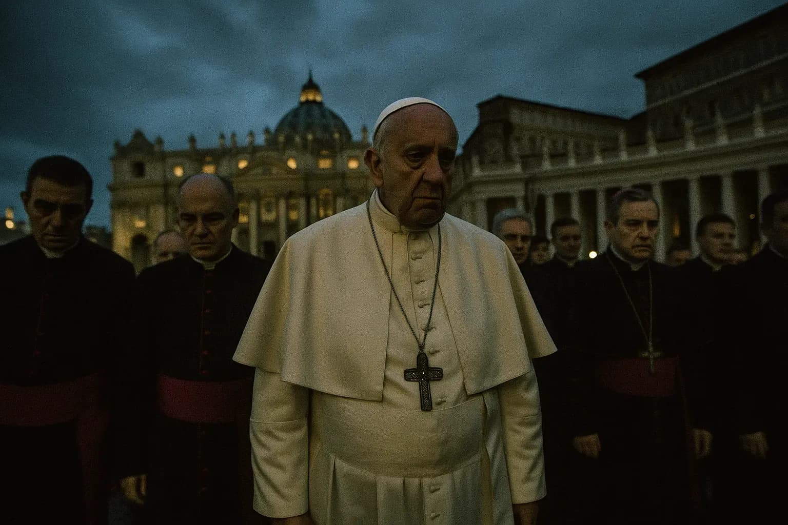 A figure resembling Pope Francis stands solemnly in St. Peter's Square, surrounded by somber-faced clergy, symbolizing the Catholic Church's global crisis of trust and the ongoing fallout from the abuse scandal.