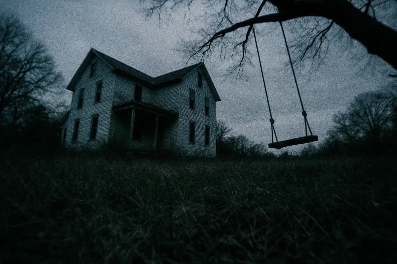 An empty New Jersey farmhouse surrounded by overgrown weeds, with a children's swing hanging motionless from a tree branch nearby