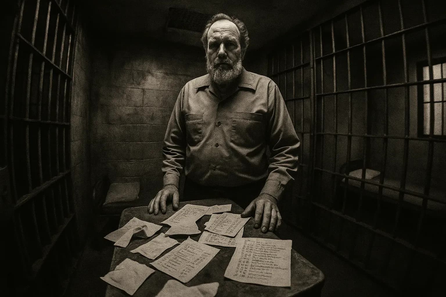 A figure resembling Ervil LeBaron stands inside a prison cell, surrounded by scraps of paper and handwritten lists on a small steel table, symbolizing his orchestrated plans from behind bars.