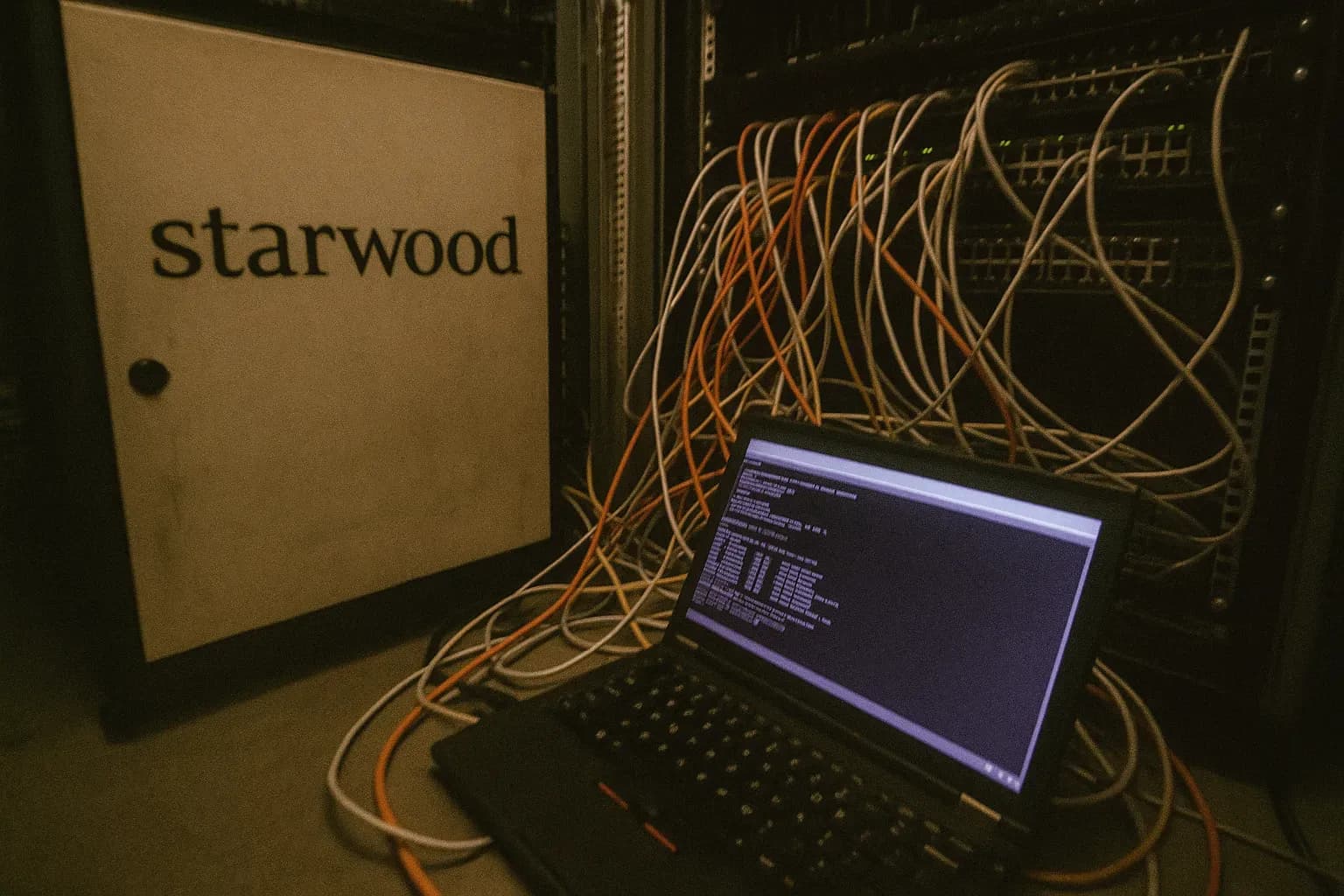 A Starwood-branded server room with tangled Ethernet cables and a laptop displaying a web shell interface, symbolizing the vulnerability exploited in Marriott's data breach affecting 500 million guests