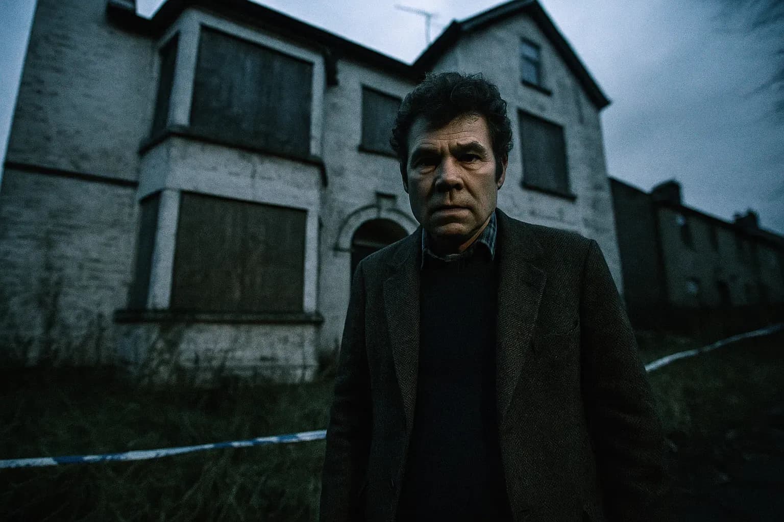 A figure resembling Fred West stands in front of 25 Cromwell Street, a foreboding house with boarded windows, surrounded by overgrown weeds and remnants of police tape, encapsulating the grim history of the setting.