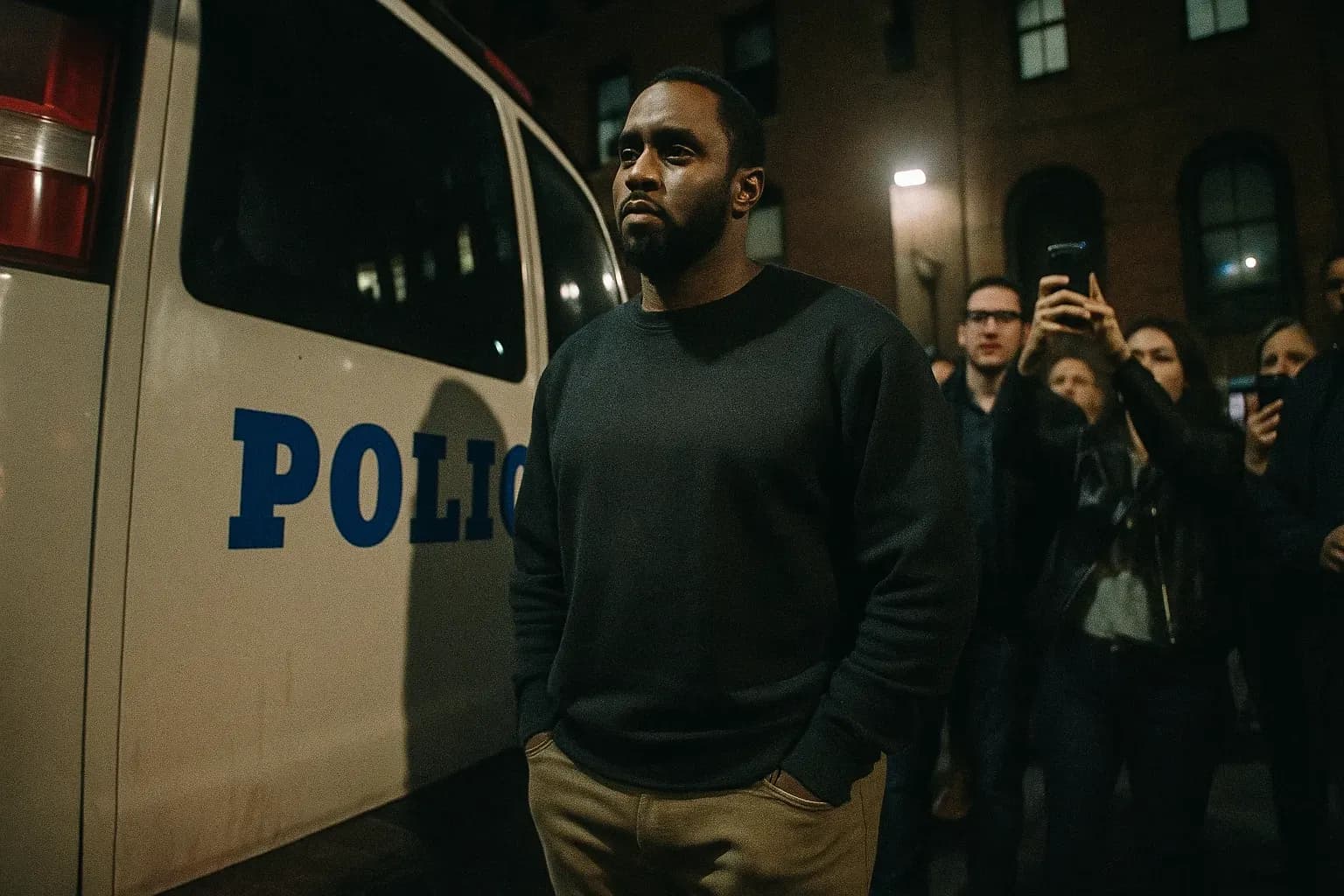 A figure resembling Sean 'Diddy' Combs in casual attire stands by a police van outside a New York precinct, his expression pensive amid a small crowd capturing photos with phones.