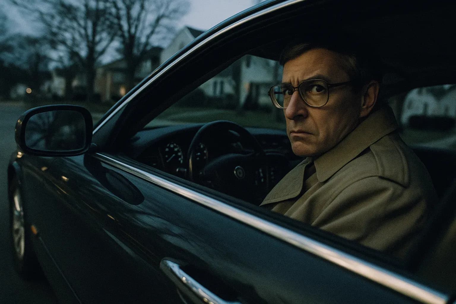 A figure resembling Aldrich Ames sits in a luxurious car, a Jaguar, parked inconspicuously on a suburban Arlington street. His expression is tense, wearing a trench coat, glancing at the side mirror.