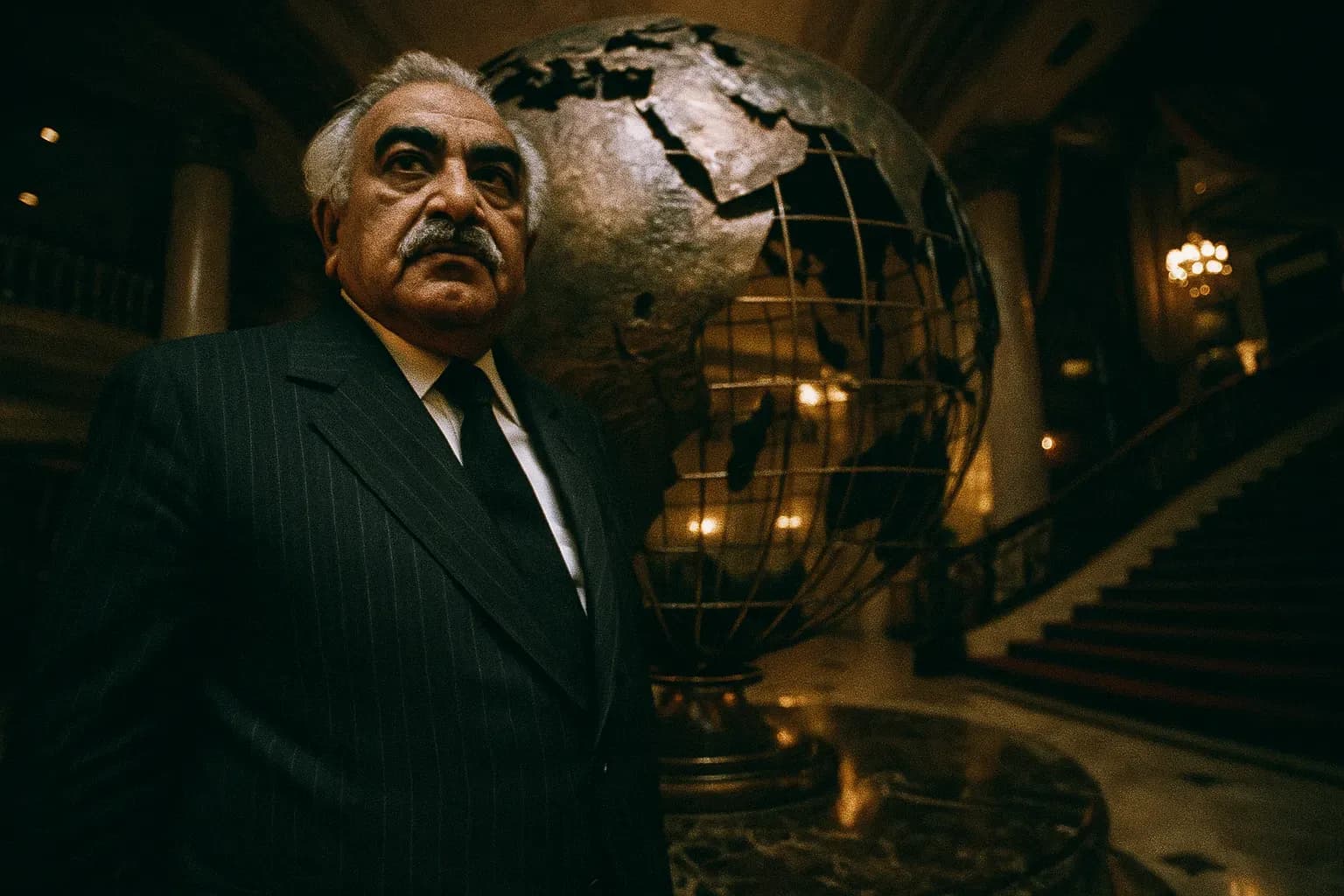 A figure resembling Agha Hasan Abedi, in front of a massive globe sculpture, signifying his global banking network, with hints of opulence and scandal subtly integrated into the background elements.