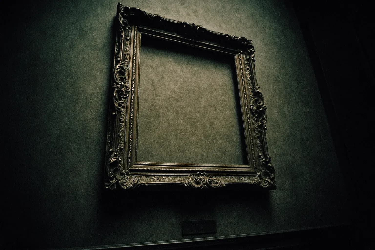 An empty, ornate frame hangs on a wall inside the Isabella Stewart Gardner Museum, its label barely visible. This haunting reminder of the 1990 heist symbolizes the enduring mystery of the missing Vermeer and Rembrandt masterpieces.
