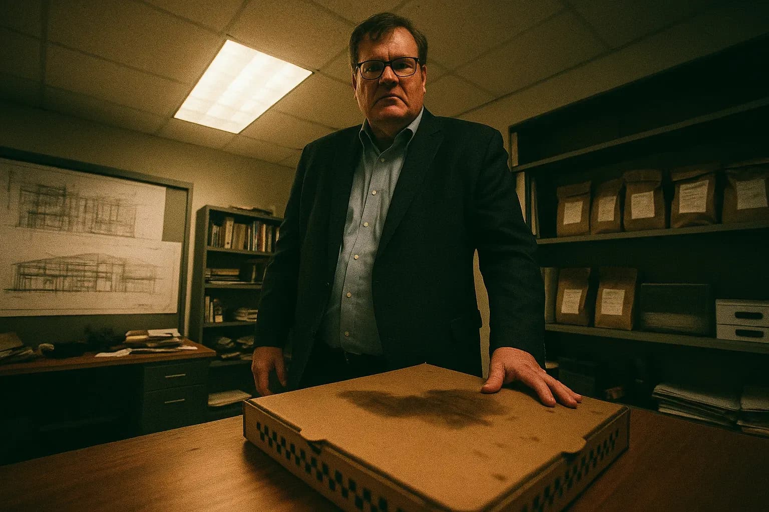 A figure resembling Rex Heuermann stands in his architect's office, a pizza box on the desk nearby, police evidence bags visible in the background.