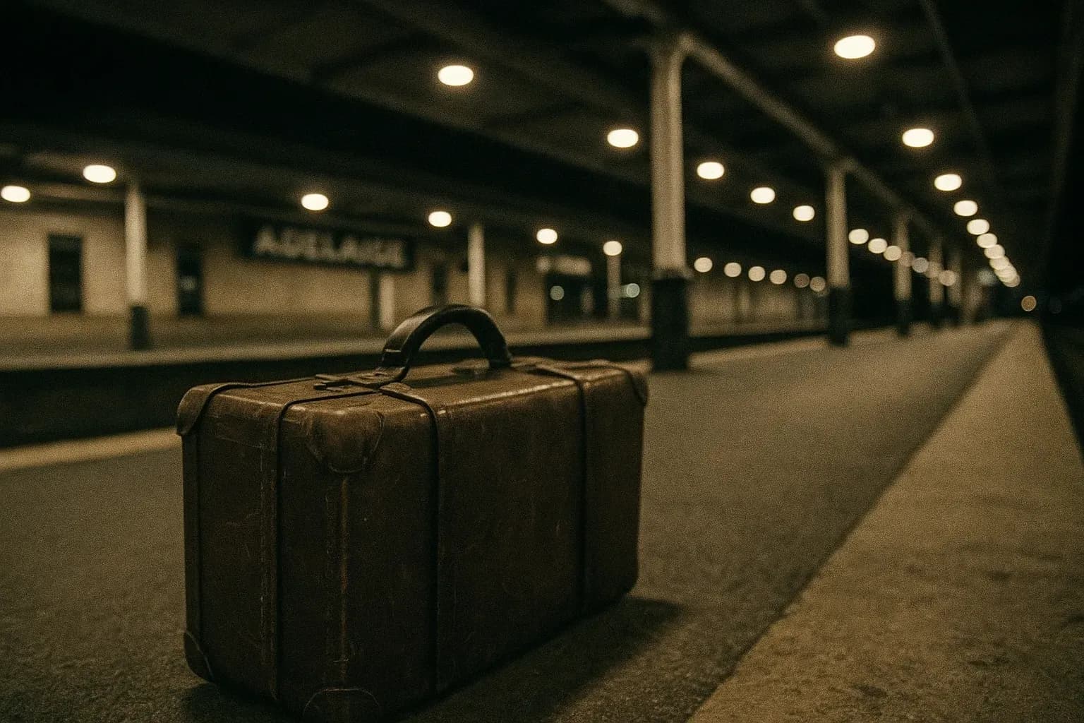 A worn suitcase sits abandoned on a platform at Adelaide Station, its tags removed, symbolizing the Somerton Man mystery and the potential identification of Carl Webb through DNA research