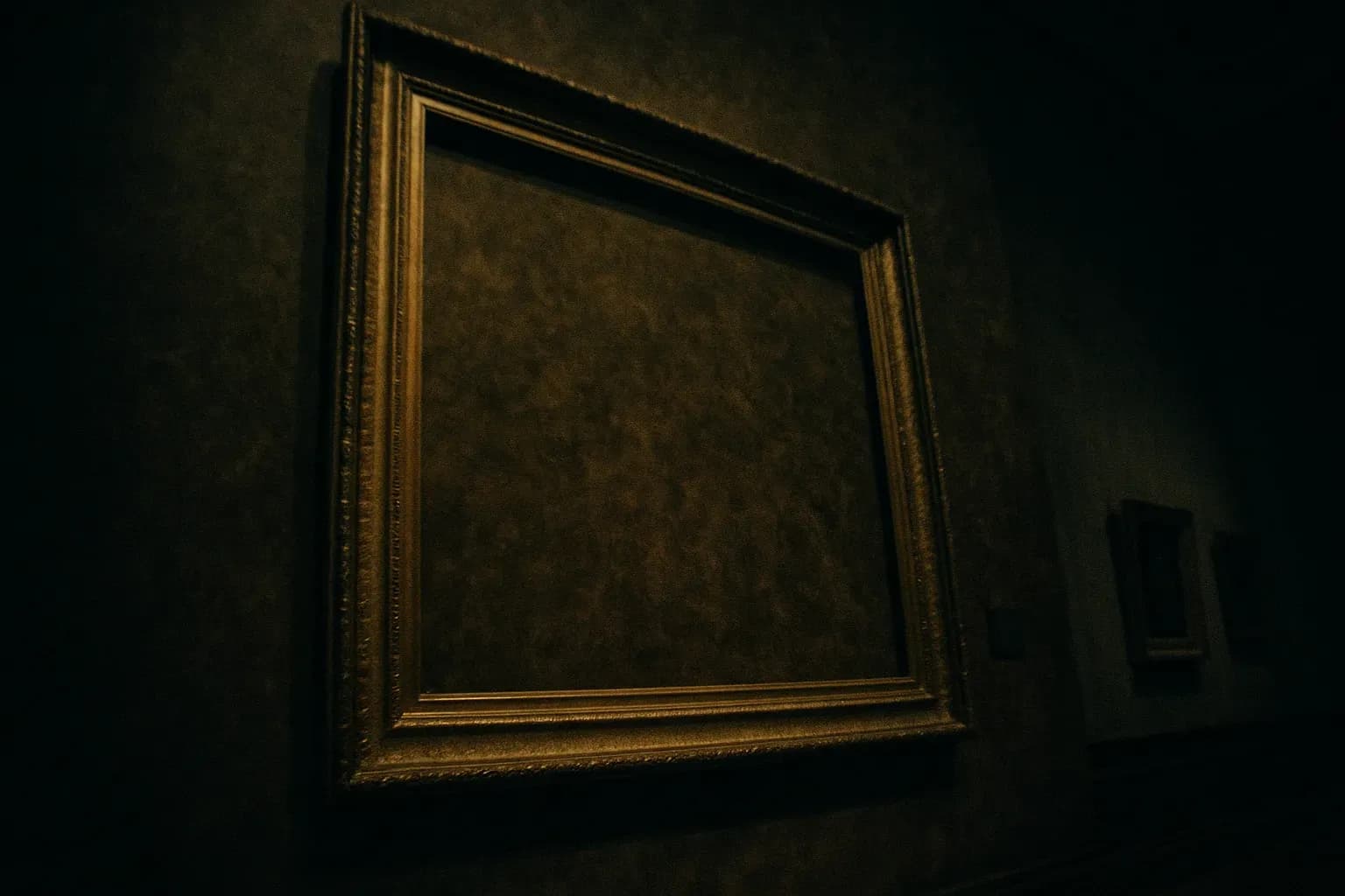 An empty frame hangs on a museum wall, symbolizing the unsolved 1990 Gardner Museum heist, where Rembrandt's "The Storm on the Sea of Galilee" was stolen by fake police officers.