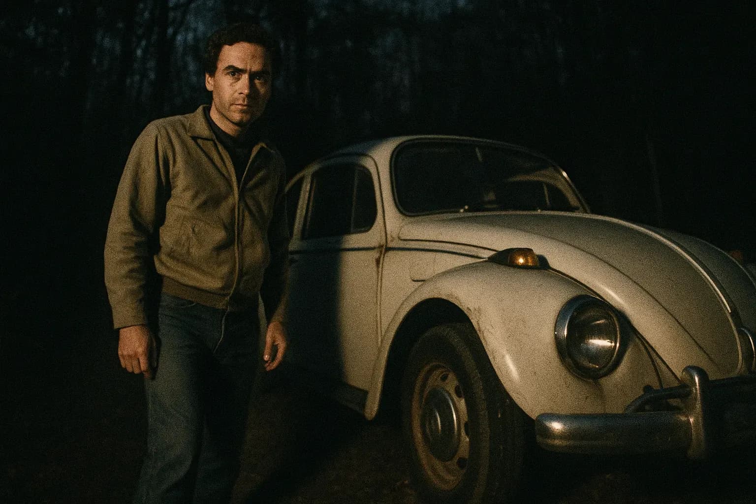 A figure resembling Ted Bundy stands beside a vintage Volkswagen Beetle, parked discreetly in a dimly lit wooded area, representing his method of luring victims.