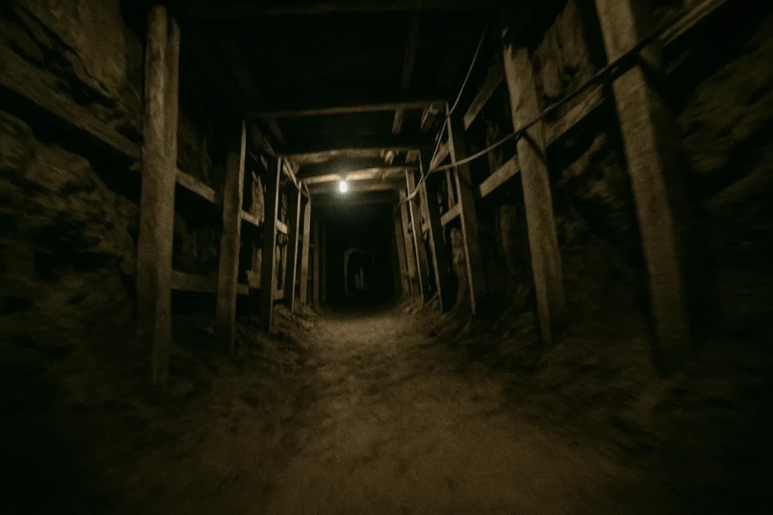 A dimly lit, clandestine tunnel beneath the U.S.-Mexico border, its walls lined with makeshift structural supports and trampled paths, symbolizes the Tijuana Cartel's smuggling operations and underground empire.