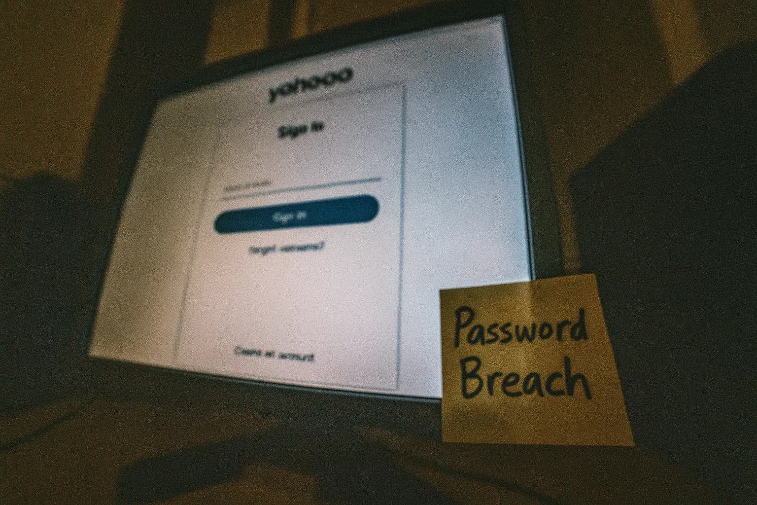 A computer screen displaying a Yahoo login page with a small sticky note that reads "Password Breach" placed nearby, suggesting a breach into user accounts.