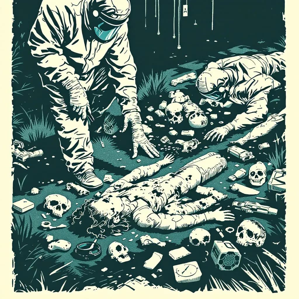 A crime scene showing scattered body parts, forensic investigators in protective gear examining evidence with tools like forensic kits and magnifying glass, emphasizing the horror and challenge of solving a dismemberment case.