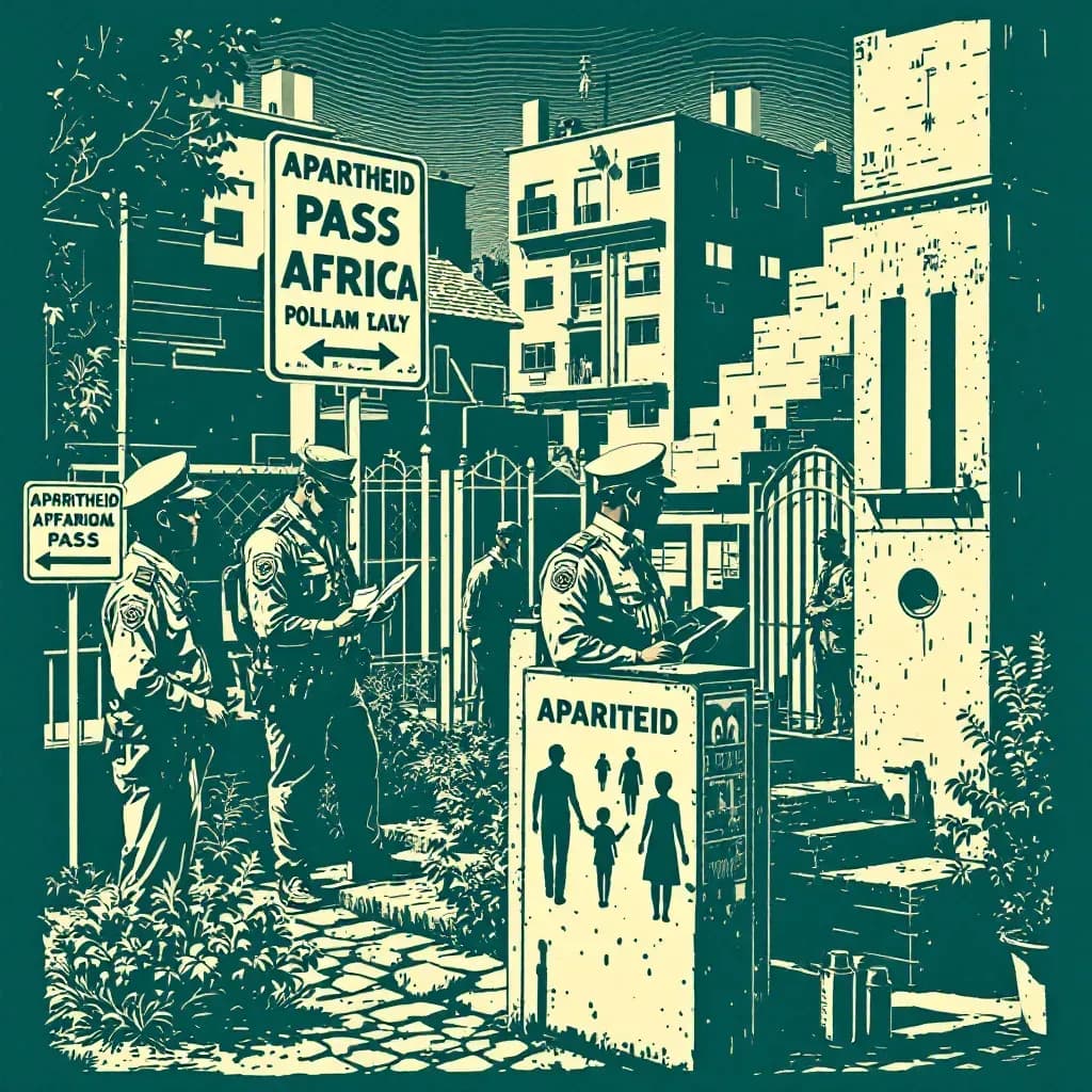 Apartheid-era South Africa with police enforcing pass laws; oppressive scenes include officers checking identity documents of black citizens, apartheid signs segregating public spaces, and stark disparities in living conditions.