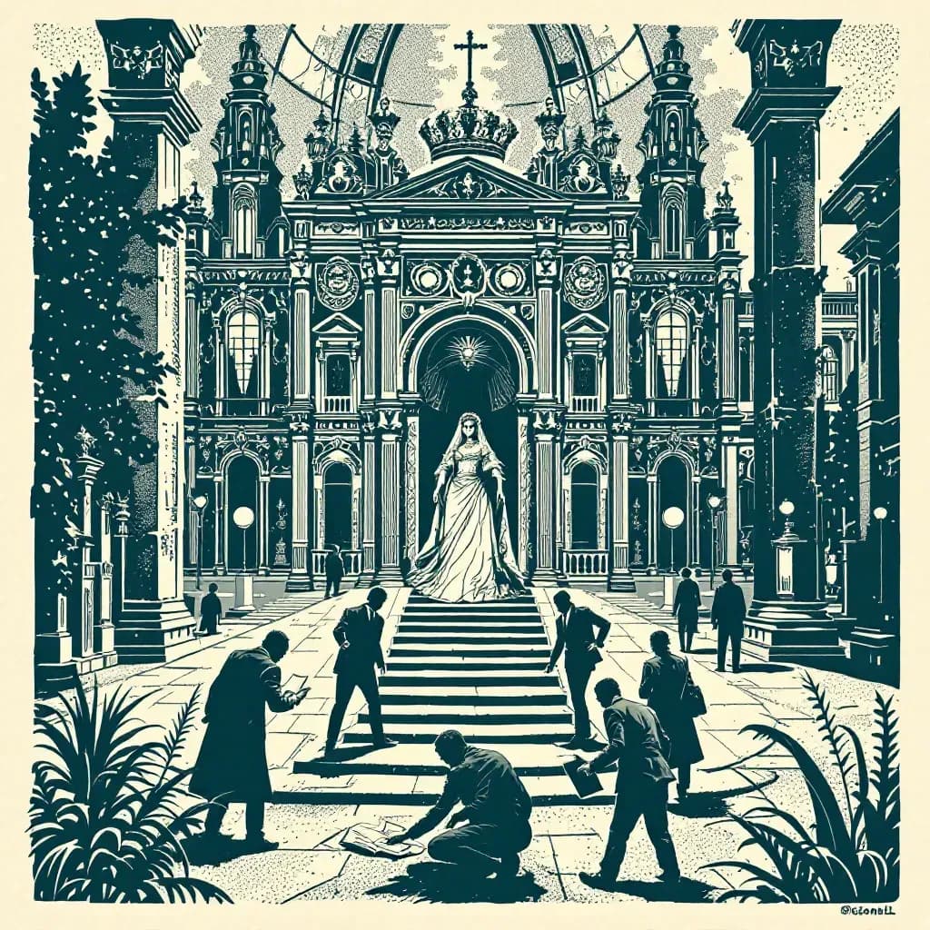 A royal palace with regal interiors hides dark secrets; a crown adorned with jewels symbolizes power and scandal, while investigators examine documents and hidden compartments, searching for clues behind the royal facade.