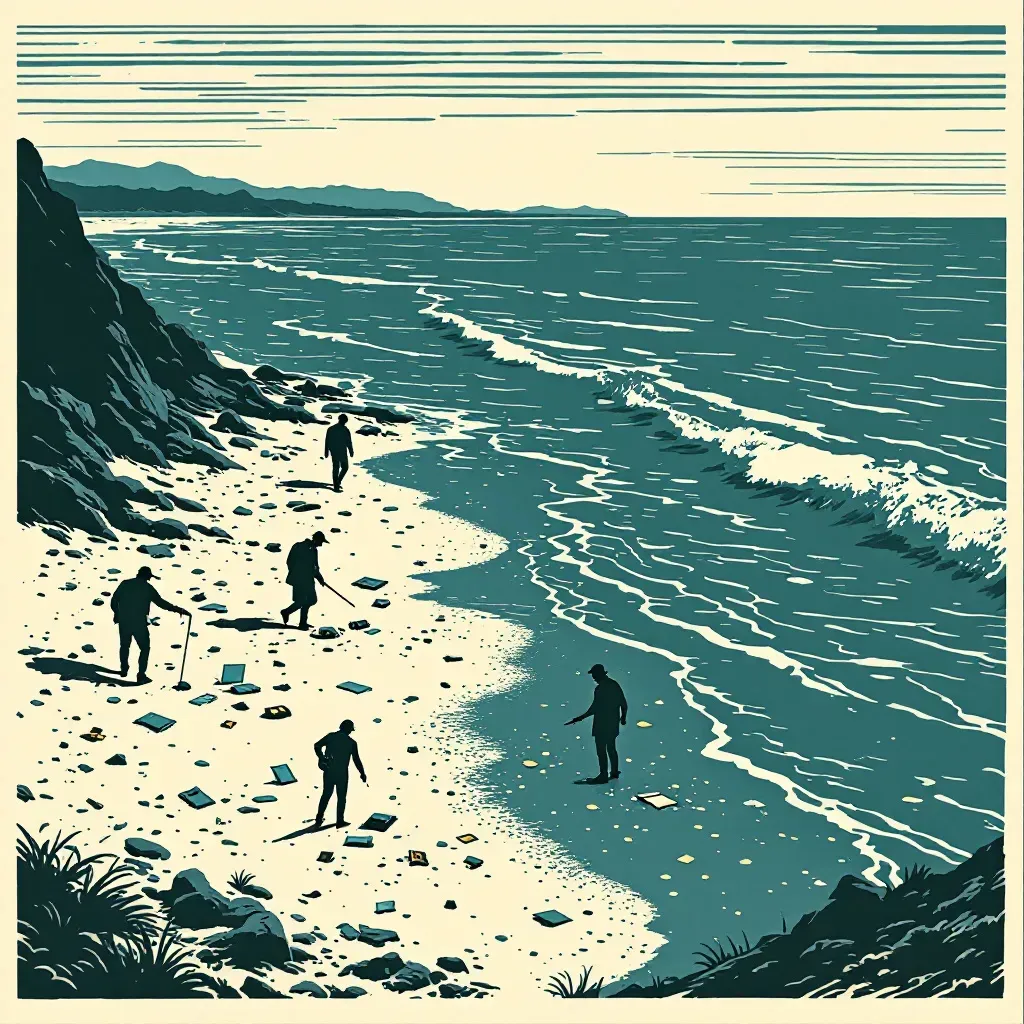 A secluded beach with lapping waves, scattered evidence partially buried in sand, detectives searching, forensic markers indicating hidden crime scene elements, challenging tides washing away traces, investigators examining the shoreline.