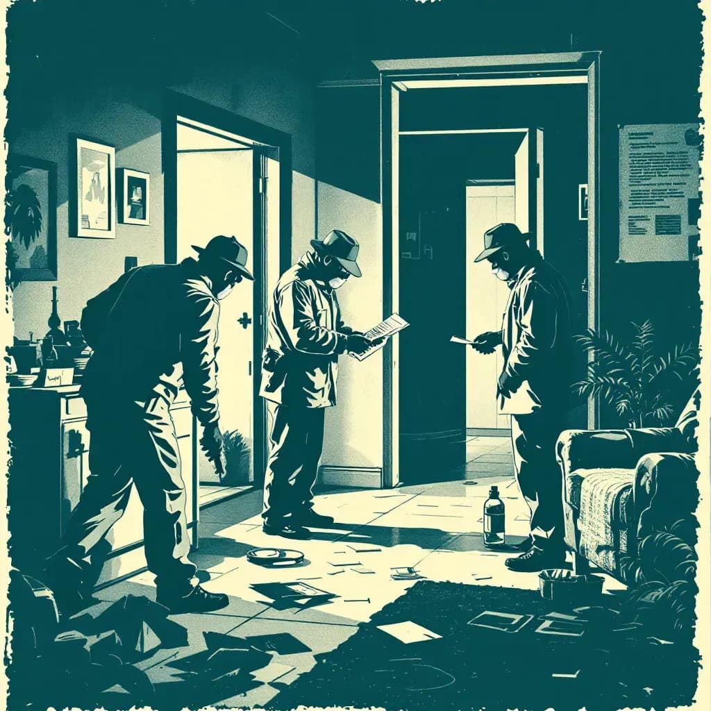 A crime scene investigation showing evidence collection at a dimly-lit apartment, with detectives carefully handling forensic tools and documentation, symbolizes the complex pursuit of justice in rape cases.