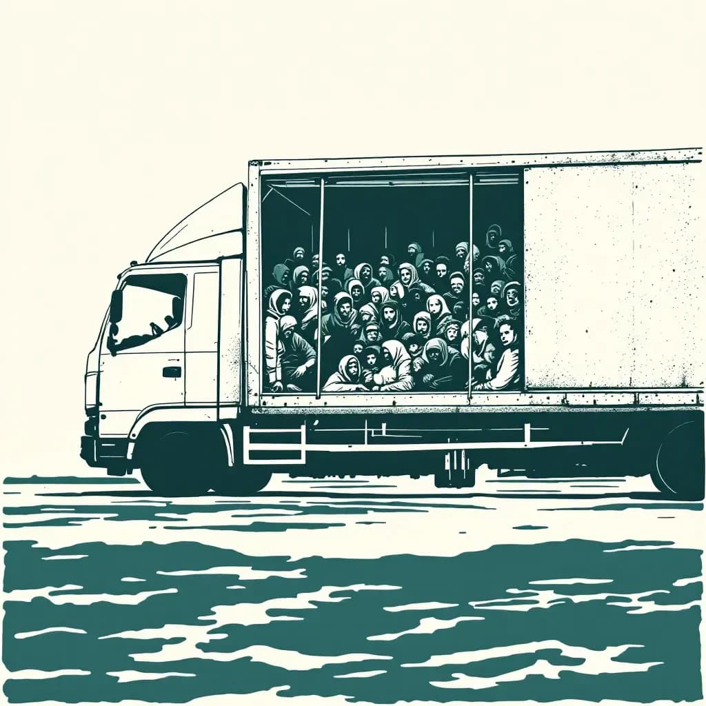A hidden compartment inside a truck shows a group of people huddled together, representing human smuggling operations with false documents and hazardous travel routes.