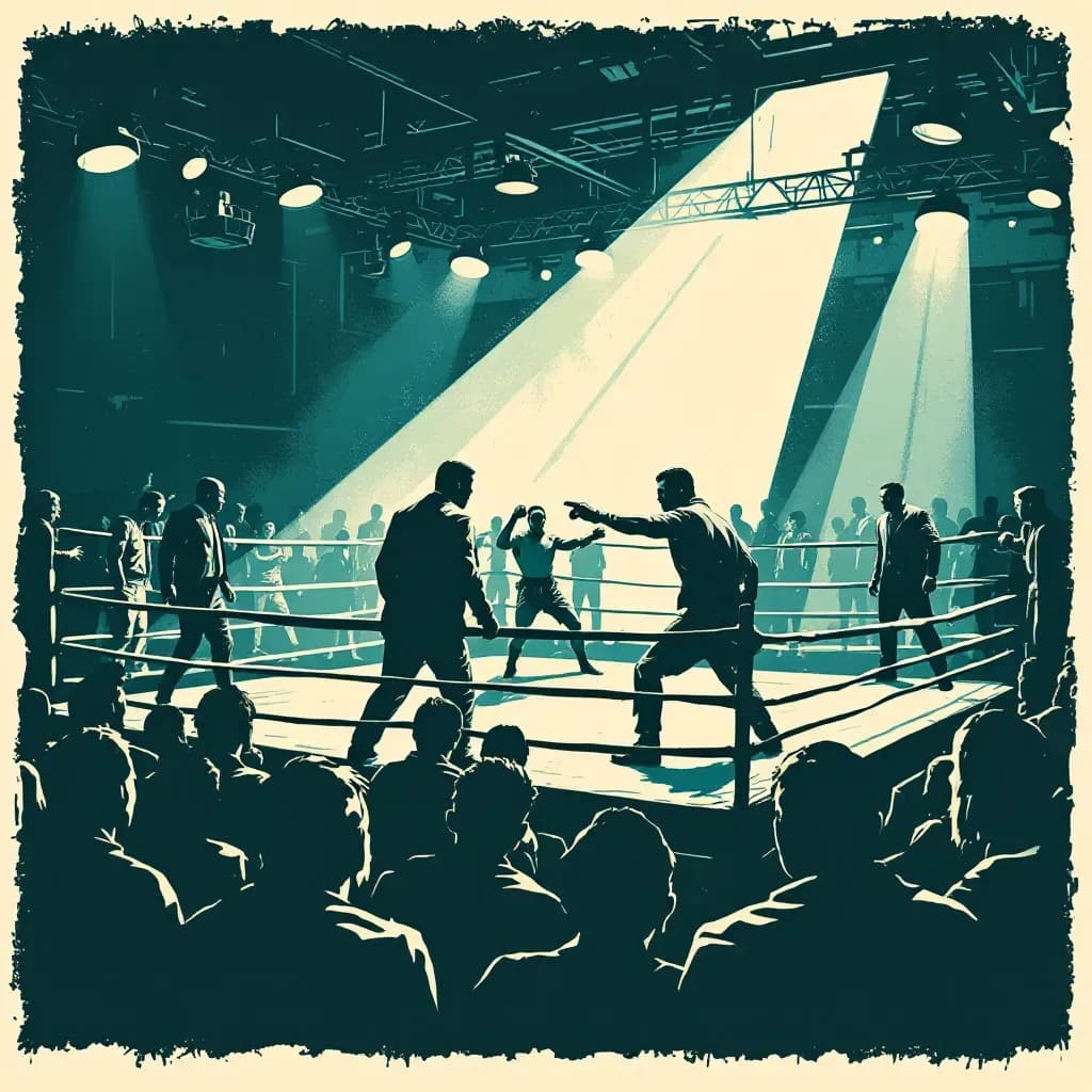 Illegal boxing ring with a shadowy audience, a tense standoff between fighters, corrupt officials exchanging nods, and visible signs of violence and exploitation highlighting organized crime connections.