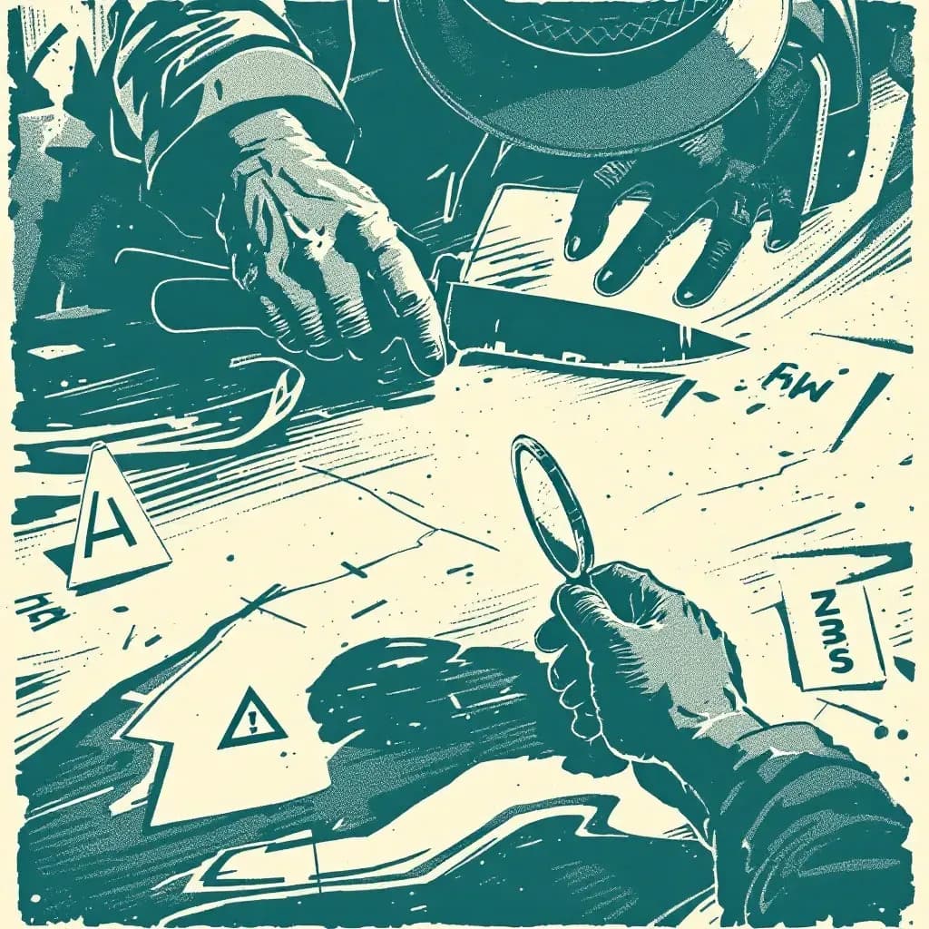 A close-up scene showing a police detective examining a knife with a magnifying glass, surrounded by evidence markers at a crime scene, highlighting the investigation of a violent stabbing incident.