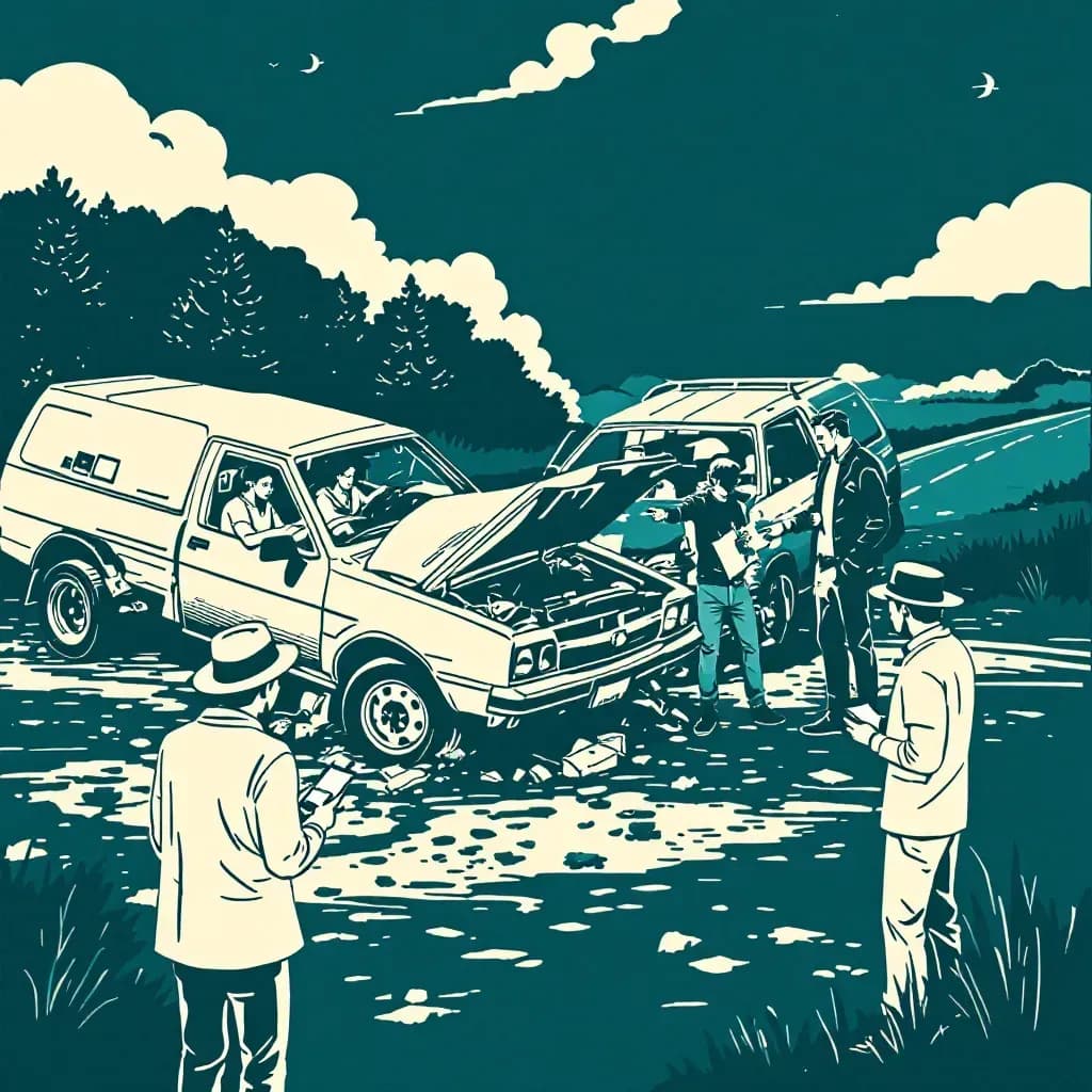 A staged car accident with two drivers exchanging information, surrounding damaged vehicles, and a witness holding a phone, symbolizing both the crime and the investigation process.