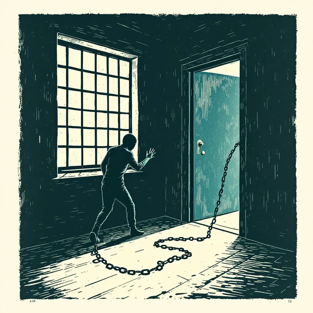A shadowy room with dim light filtering through a grated window, a chain on the floor, a desperate figure reaching toward a door just slightly ajar, symbolizing escape and confinement.
