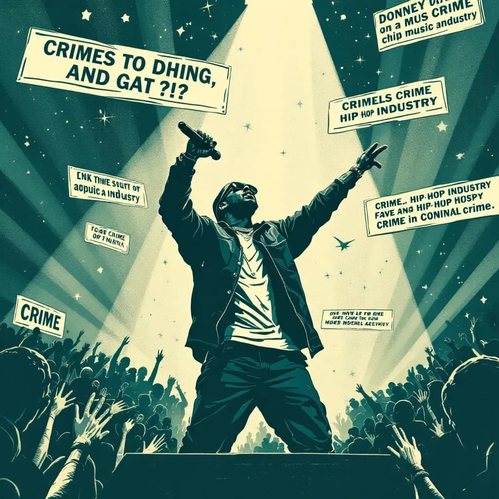 Rapper performing on stage, surrounded by a flashy background, while news headlines about crime and the hip-hop industry float above, depicting the intersection of music, fame, and criminal activity.