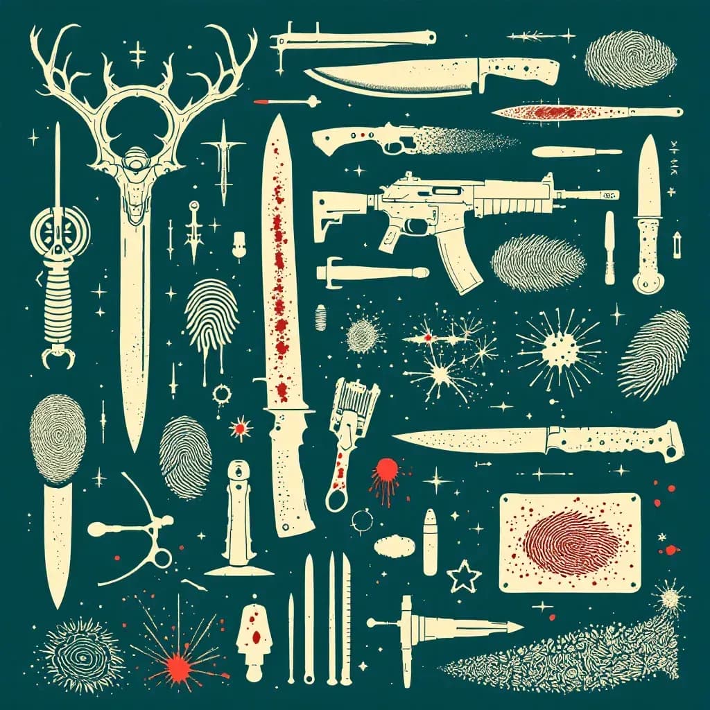 Description of various weapons like firearms, knives, and blunt force instruments alongside forensic evidence like fingerprints, ballistic markings, and blood spatter patterns, illustrating their role in crime scene investigation.