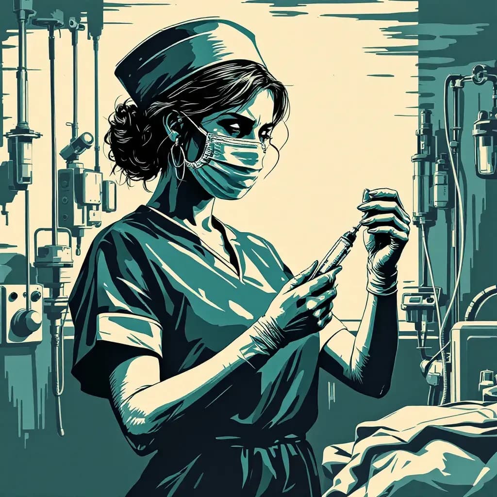 A nurse in a hospital setting, holding a syringe ominously, surrounded by medical equipment, symbolizing the betrayal of trust and misuse of medical knowledge for criminal acts.