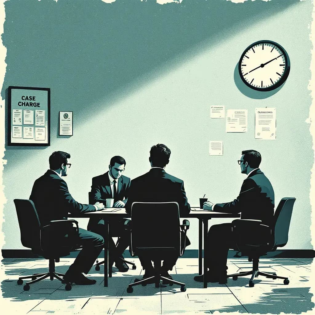 An interrogation room with a suspect under psychological pressure, sitting at a table across from detectives, surrounded by case files, a clock ticking on the wall, emphasizing the crucial moment from freedom to charge.
