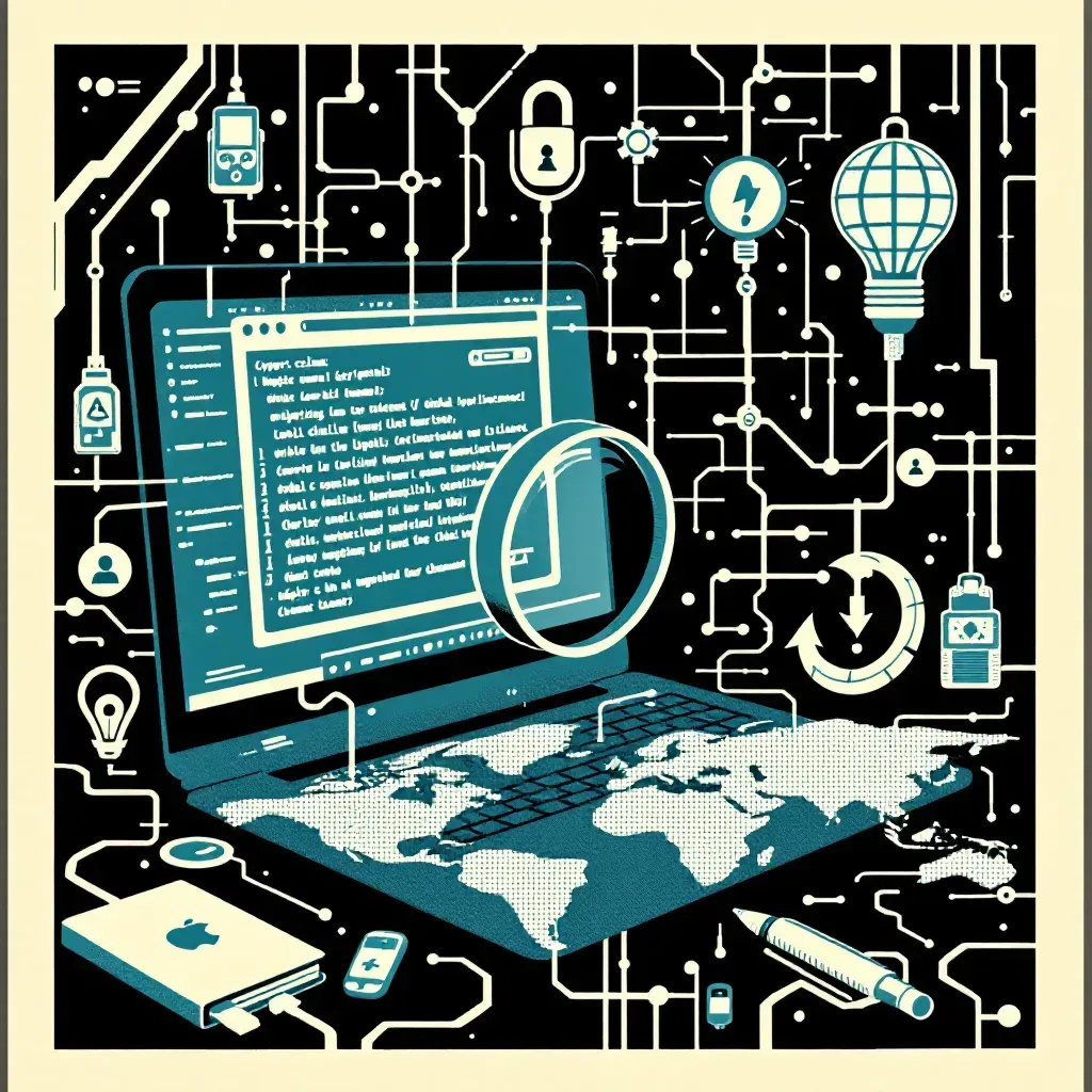 A digital network with interconnected devices, a laptop displaying malicious code, and a magnifying glass hovering over a digital map representing global cybercrime investigation.