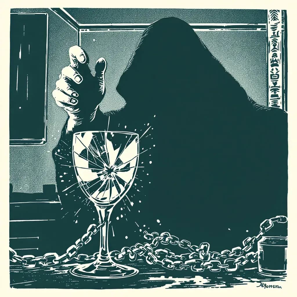 A shattered glass symbolizing broken trust, a shadowy figure imposing power, encapsulated within the confines of a dimly lit room representing domestic secrecy, unseen wounds depicted as invisible chains.