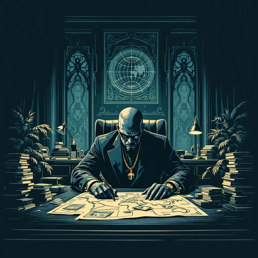 Drug lord in opulent office, surrounded by maps and stacks of cash, with high-tech communication equipment, menacingly planning illicit global operations.