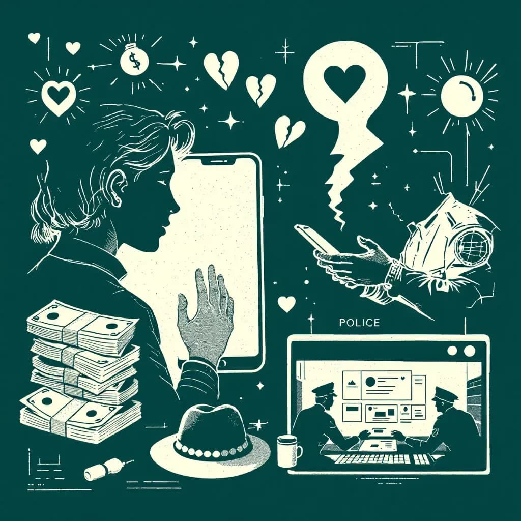 A dating app screen, a shadowy figure typing on a smartphone, broken heart symbols, stacks of money, and police investigating digital evidence on a computer.