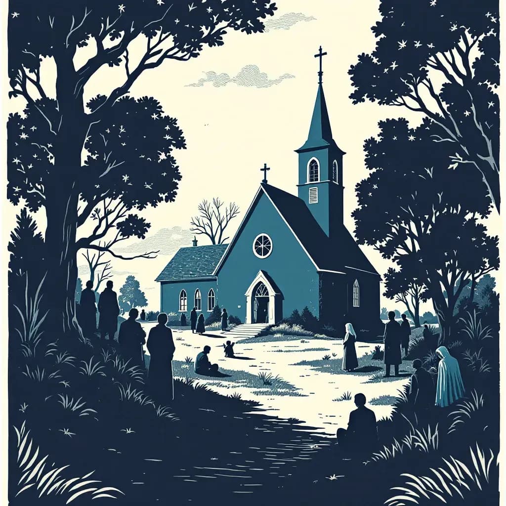 A church in a small community with people engaged in secretive discussions, showing trust exploitation and hidden dynamics in a closed society.