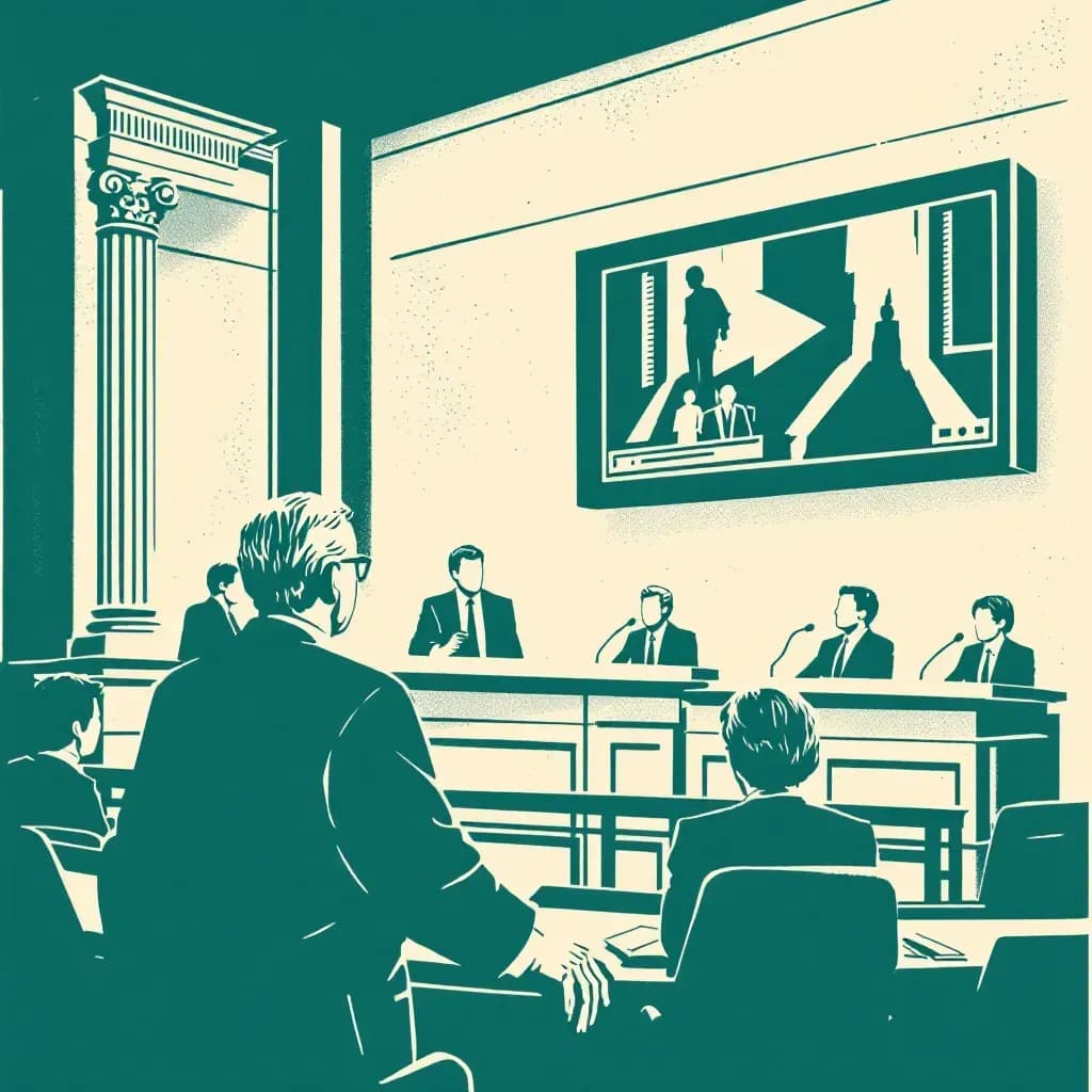 Scene of a courtroom featuring a judge, lawyers, and a jury, with a digital screen prominently displaying video footage, symbolizing the pivotal role of video evidence in legal proceedings.