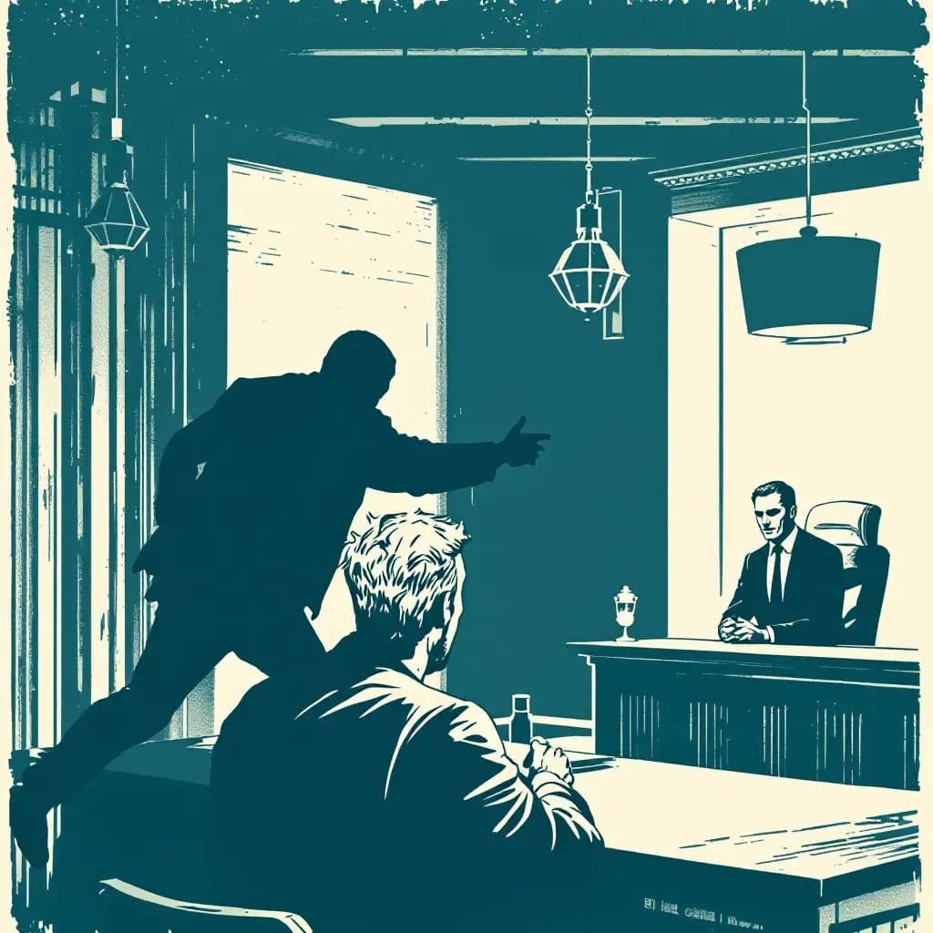 A crime scene depicting a victim escaping from an attacker, with a shadowy figure retreating; the survivor later at a courtroom scene, bravely testifying as a key witness.