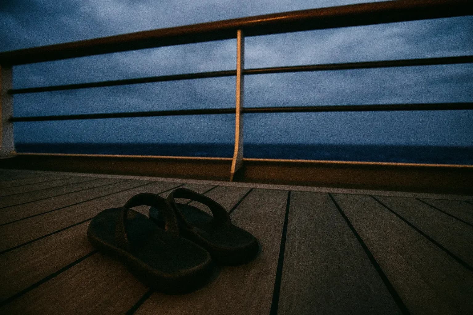 A pair of worn sandals rests on a cruise ship balcony, the Caribbean Sea visible beyond the railing, symbolizing the mysterious disappearance of Amy Lynn Bradley from the Rhapsody of the Seas in 1998.
