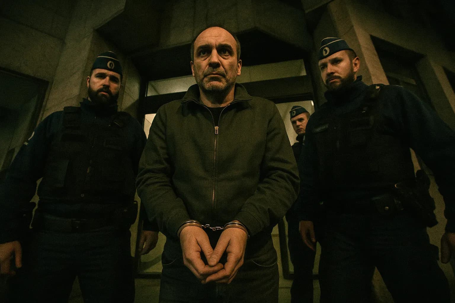 A figure resembling Antonio Ferrara stands in handcuffs outside a Belgian police station, flanked by officers.