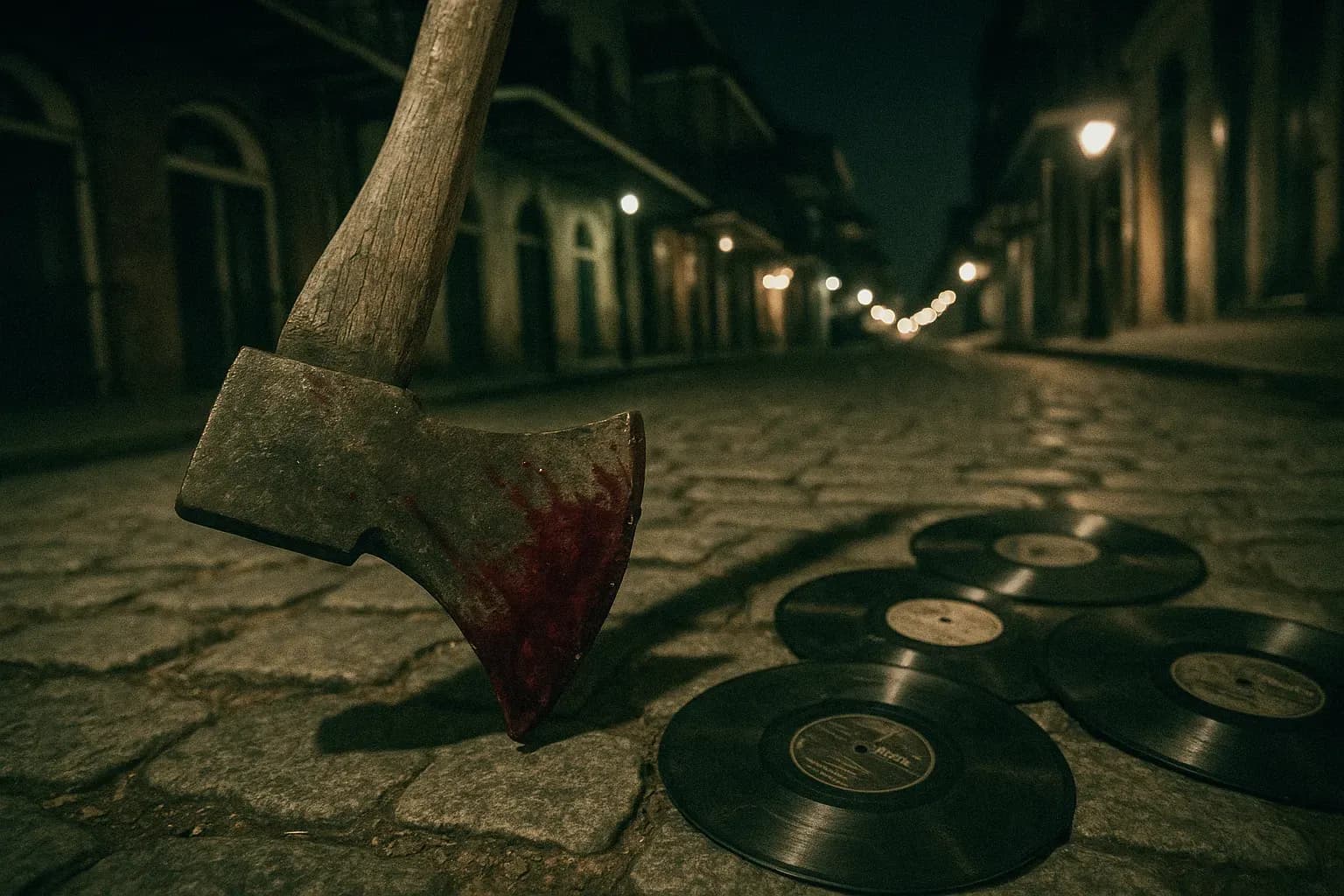 A bloodstained axe leaning against a cobblestone street in New Orleans, surrounded by a few scattered jazz records, evoking the unsolved mystery of the Axeman of New Orleans 1918-19