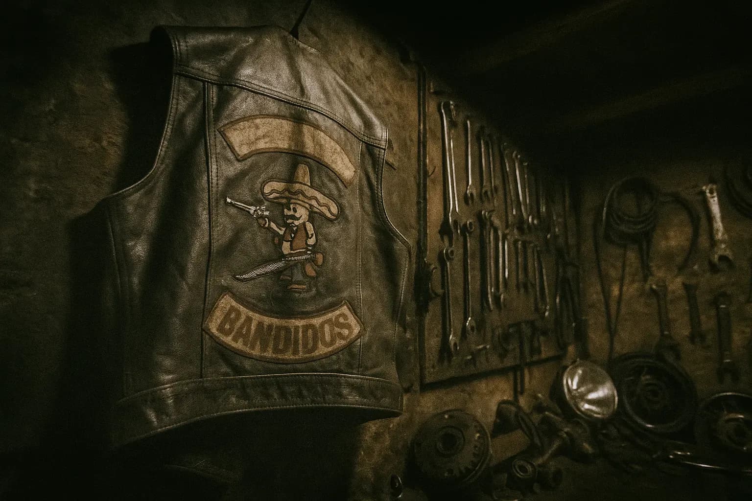 A weathered biker vest with a prominent Bandidos MC patch hangs on a rusty nail in a dimly lit garage, surrounded by tools and spare motorcycle parts.