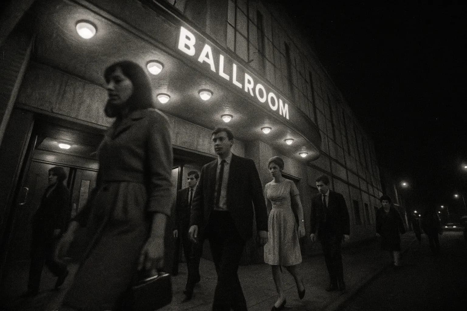 A dimly lit entrance of the Barrowland Ballroom in 1960s Glasgow, where patrons in vintage attire drift out into the night, unknowingly stepping into the hunting ground of the serial killer known as Bible John.