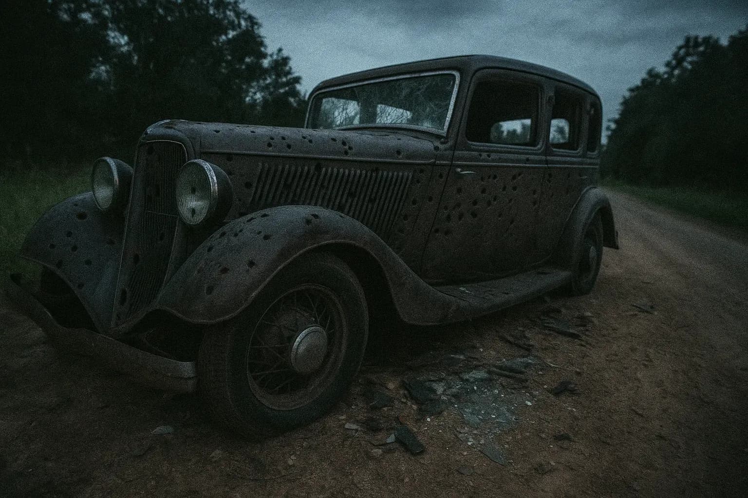 A bullet-riddled car sits abandoned on a rural road near Gibsland, Louisiana, surrounded by debris and shattered glass, symbolizing the violent end of Bonnie Parker and Clyde Barrow's crime spree.