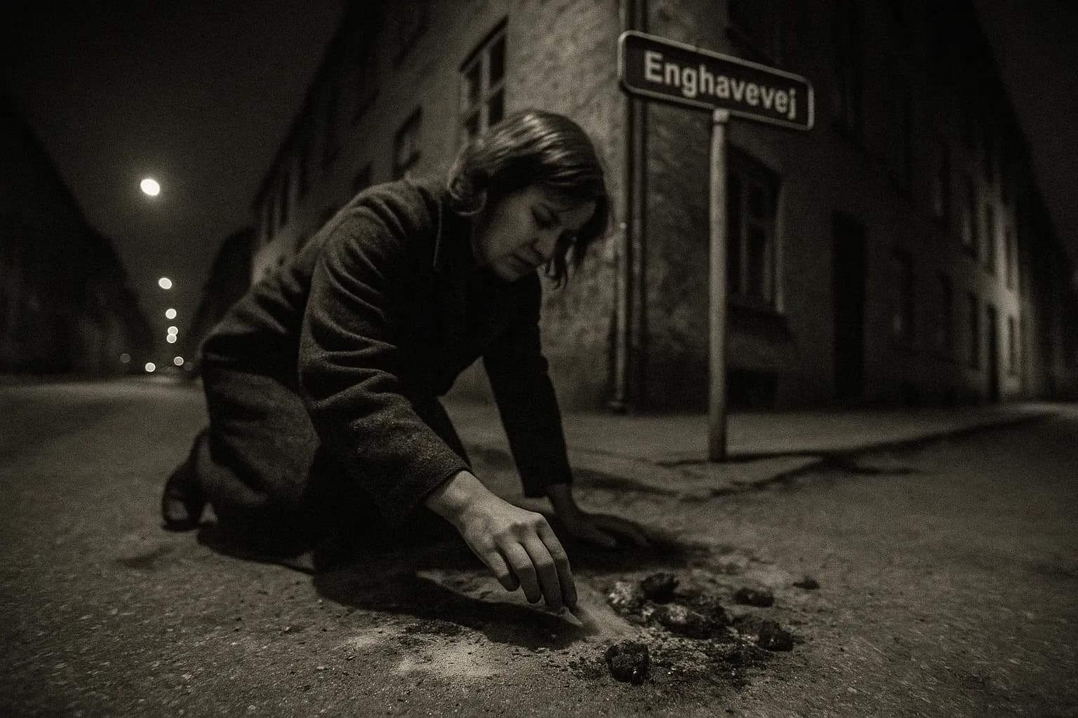 A view of Enghavevej with a woman kneeling on the ground, brushing ashes aside to reveal small, charred remains. A nearby street sign indicates the location, symbolizing the chilling acts of Dagmar Overbye.