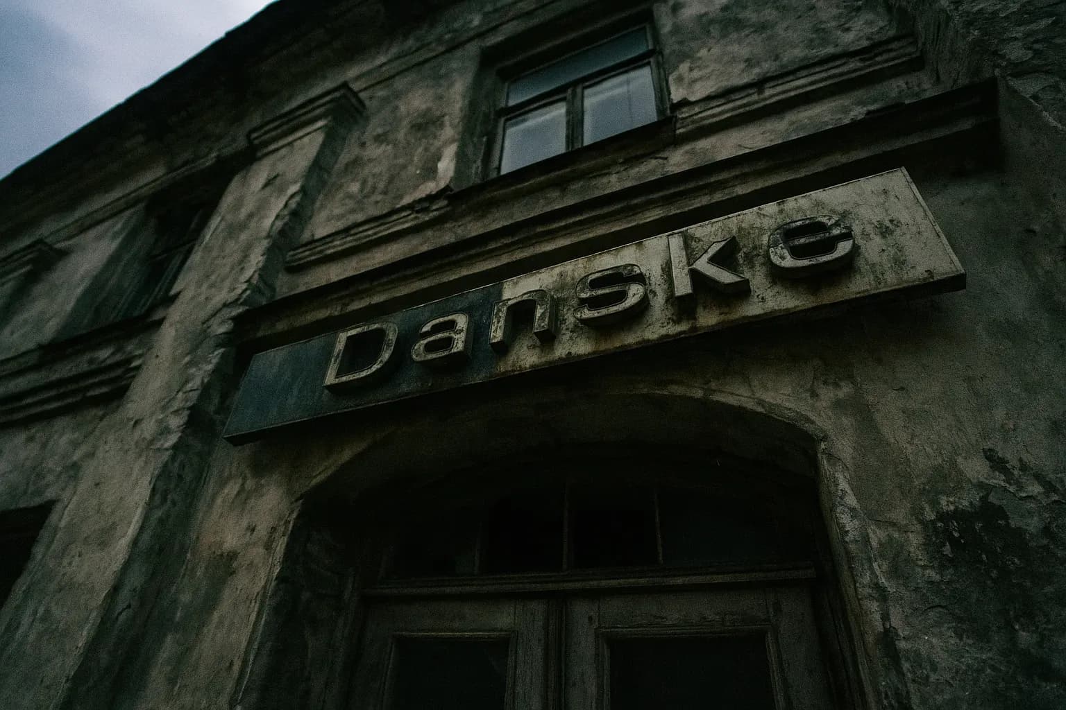 A worn Danske Bank logo sits above the entrance of a dilapidated building in Estonia, symbolizing the €200 billion money laundering scandal and ensuing corporate downfall.
