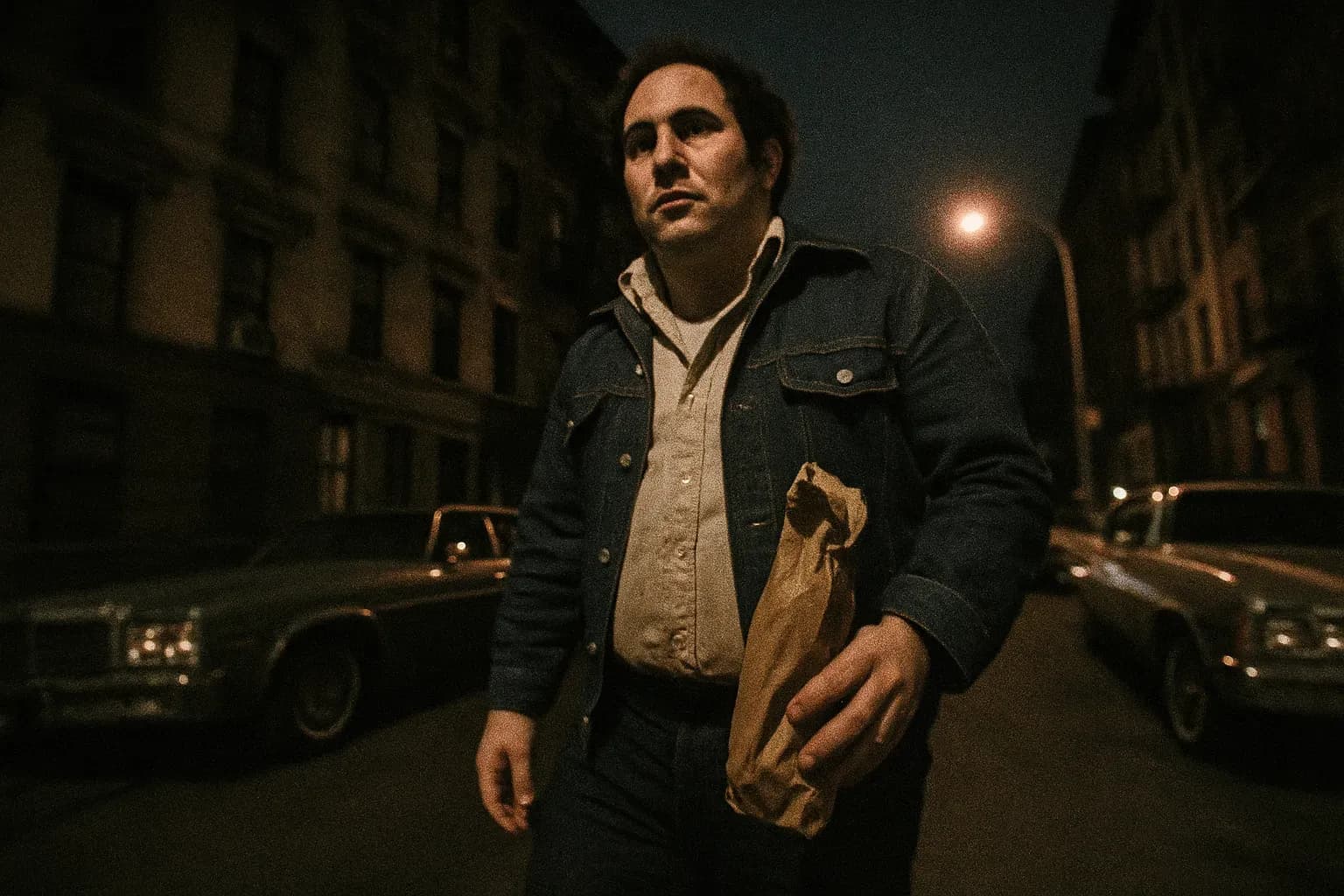 A figure resembling David Berkowitz stands on a New York street, a .44 caliber revolver in a brown paper bag clutched at his side, 1970s cars lining the curb.