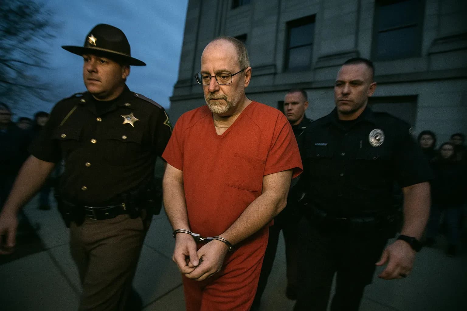 A figure resembling Richard Allen is led away in handcuffs outside the courthouse, surrounded by police officers, as onlookers watch in the background.